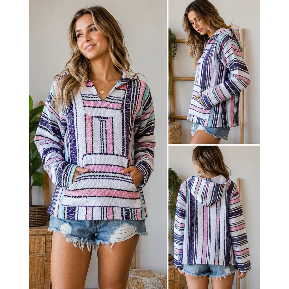 Iguana Jack Women's Medium Striped Baja Drug Rug Woven Made In Mexico
